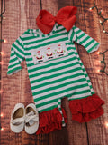 Girls Green Stripe Emb. Santa Romper