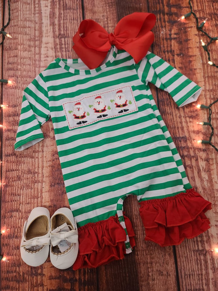 Girls Green Stripe Emb. Santa Romper