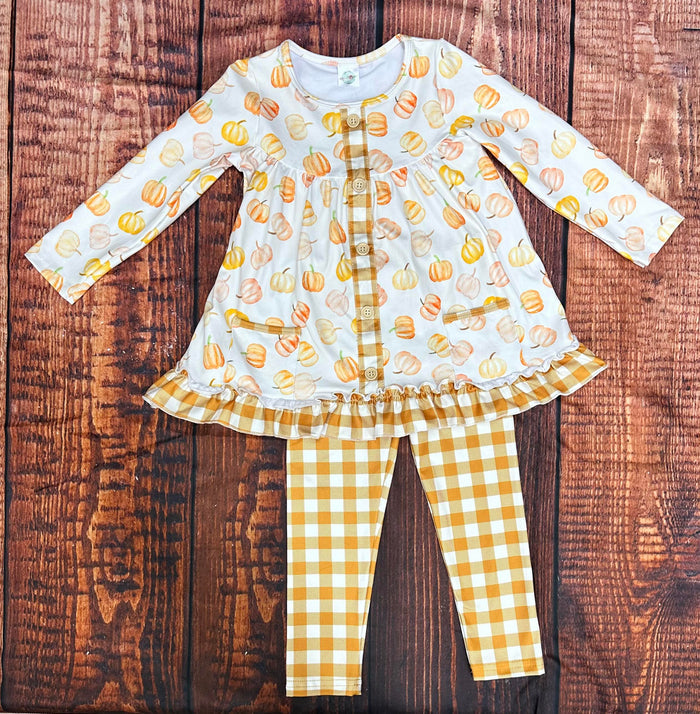 Girls Mustard Plaid Pumpkin 2pc