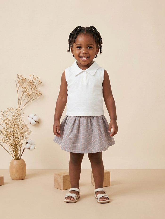 Girls' Polo Collar Top & Plaid Skirt Set