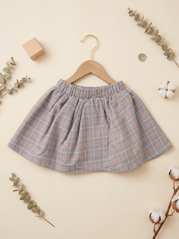 Girls' Polo Collar Top & Plaid Skirt Set