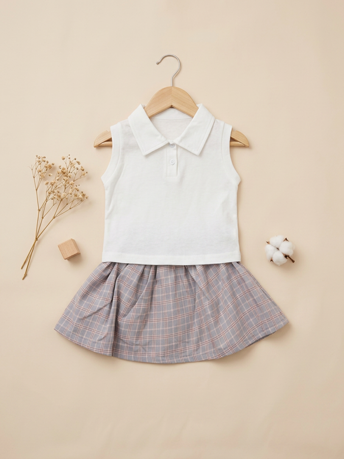 Girls' Polo Collar Top & Plaid Skirt Set