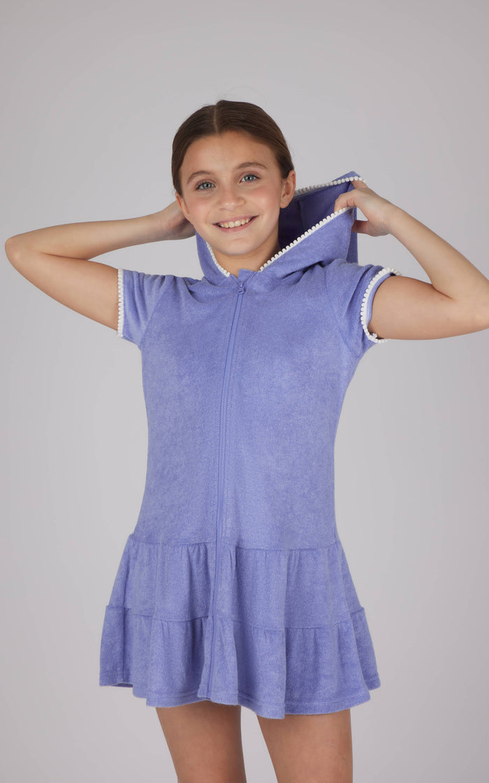Girls Towel Terry Zip Up Cover-up with Pompom