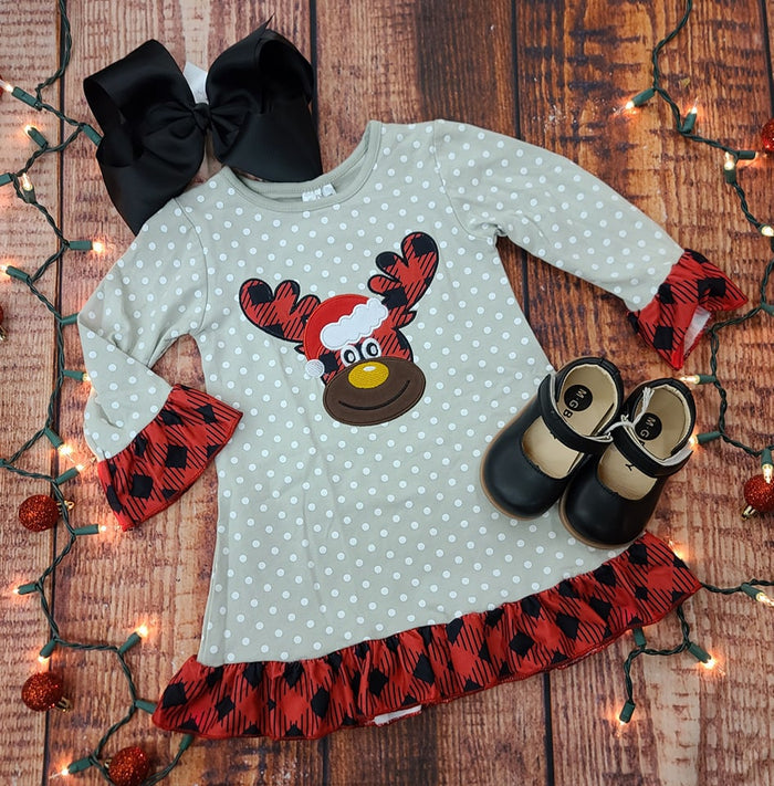 Grey Polka Dot Reindeer Dress