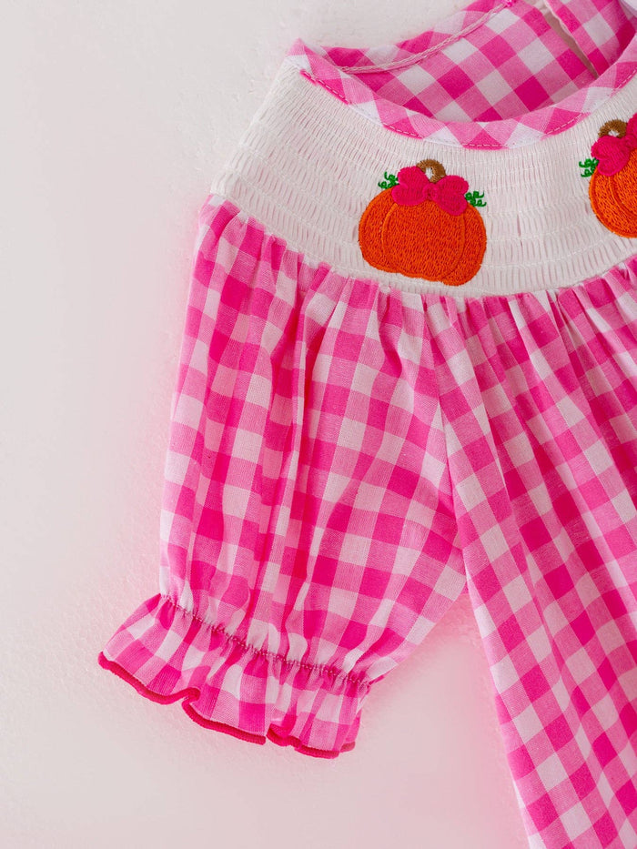 Halloween Pink Woven Smocking Embroidered Plaid Dress