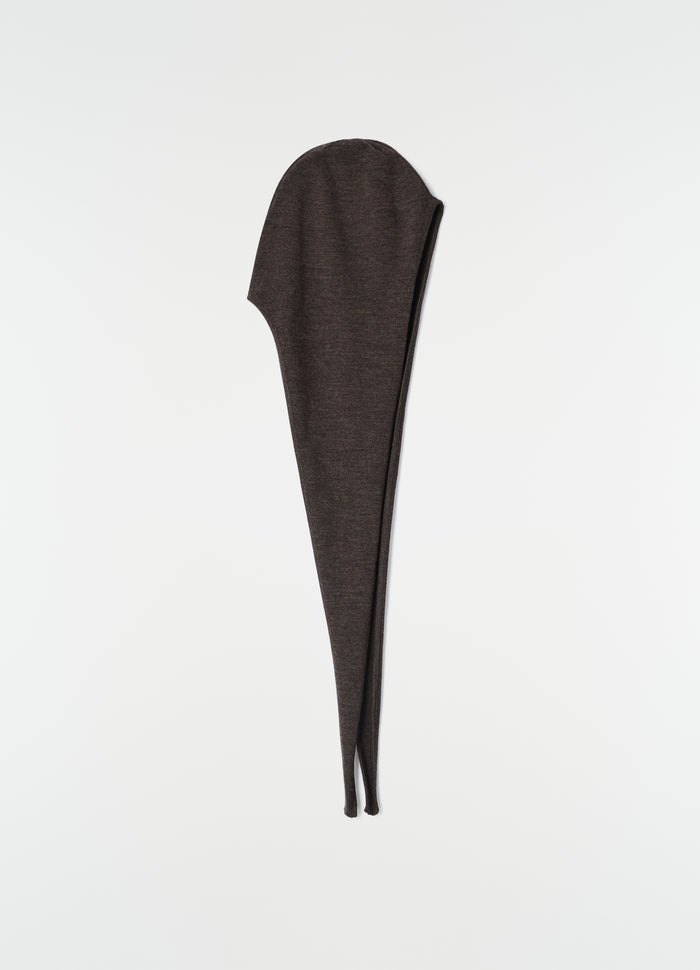 Head scarf in dark brown fine wool LEMAIRE flat lay on white background