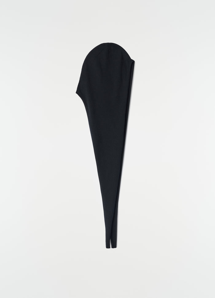 Head scarf in black fine wool LEMAIRE flat lay on white background with asymmetrical shape detail