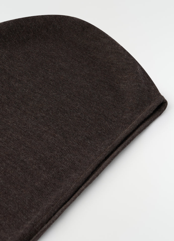 Head scarf in dark brown fine wool LEMAIRE close-up detail showing texture and stitching edges