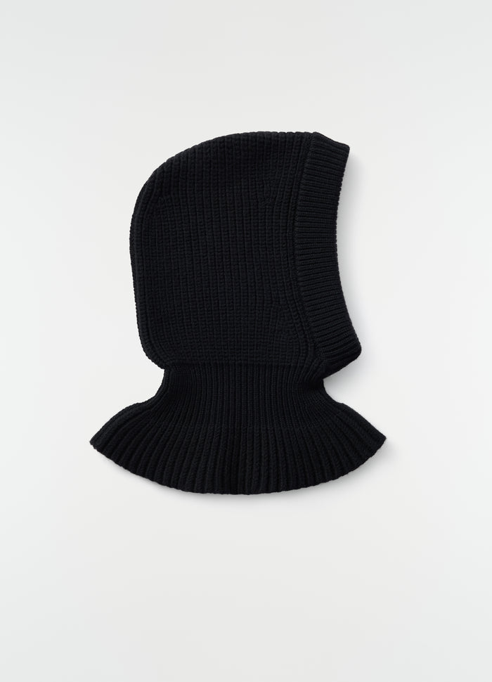 Balaclava in black worsted wool with flared neck hem LEMAIRE flat lay on white background