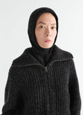 Balaclava in black alpaca and yak wool blend worn by model front close-up LEMAIRE