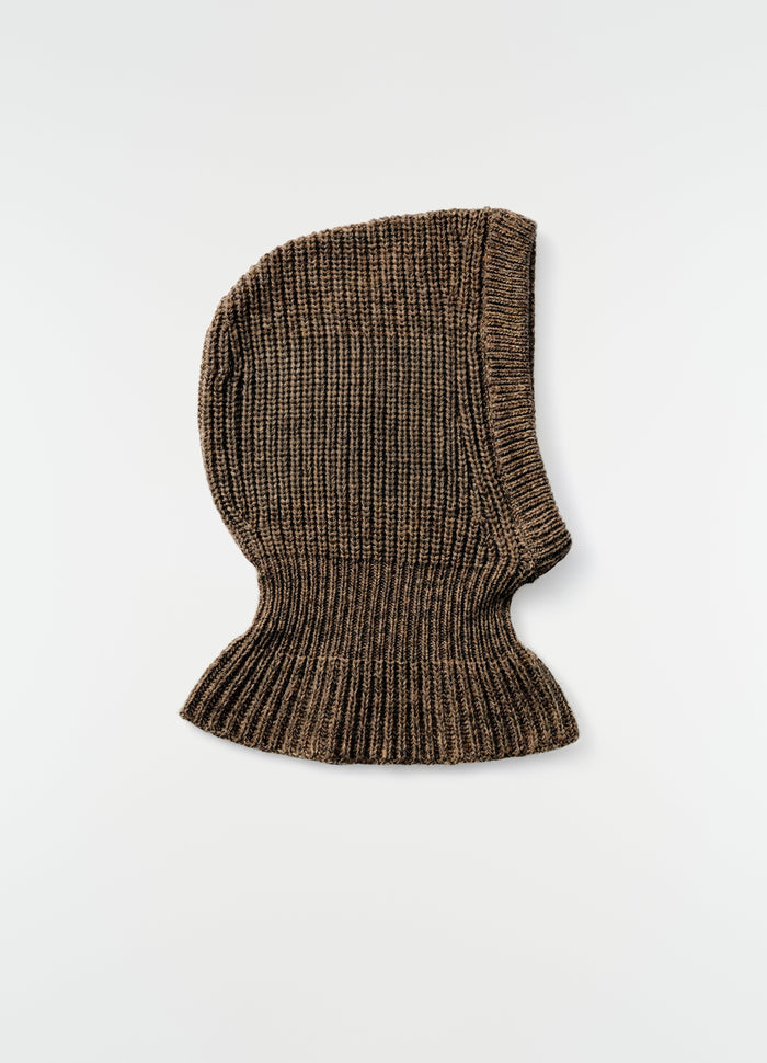 Balaclava in brown alpaca and yak wool blend with ribbed texture by LEMAIRE flat lay on white background