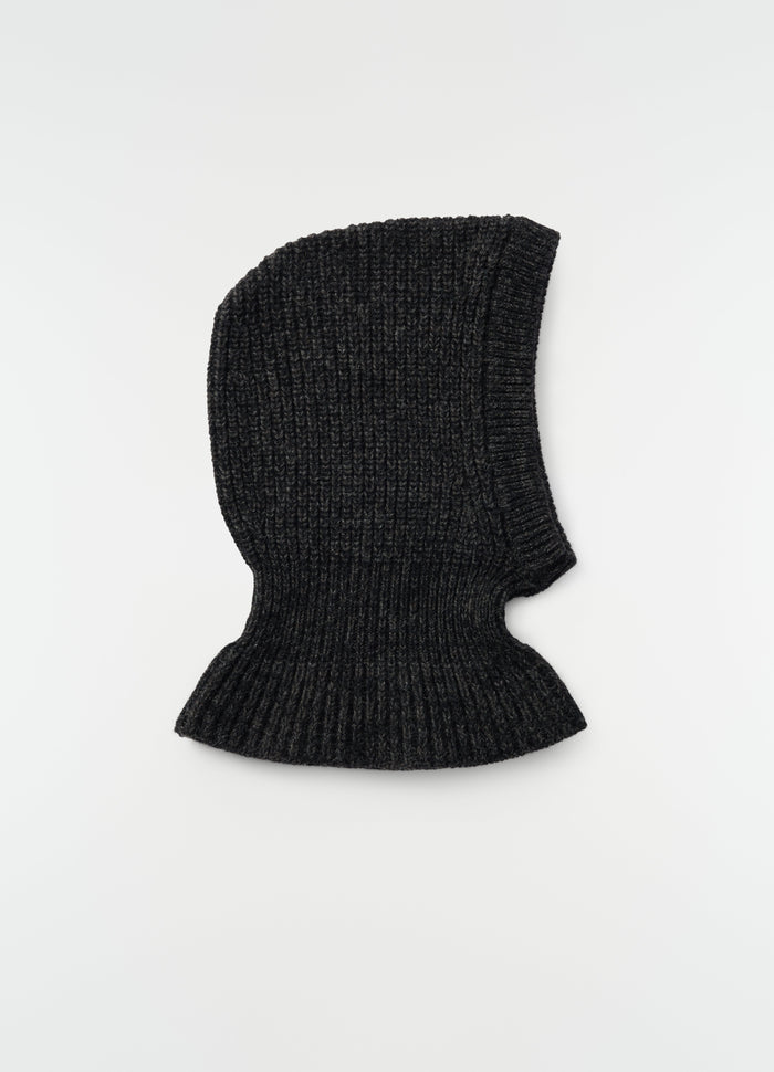 Balaclava in charcoal alpaca and yak wool blend by LEMAIRE flat lay on white background