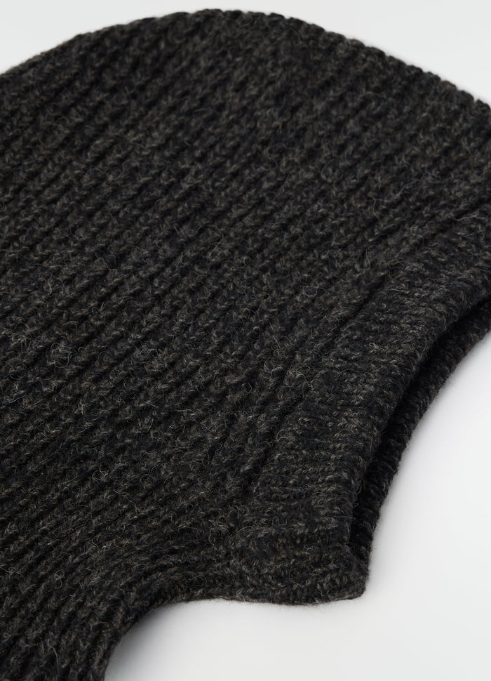 Balaclava in dark grey alpaca and yak wool blend LEMAIRE close-up detail on plain white background