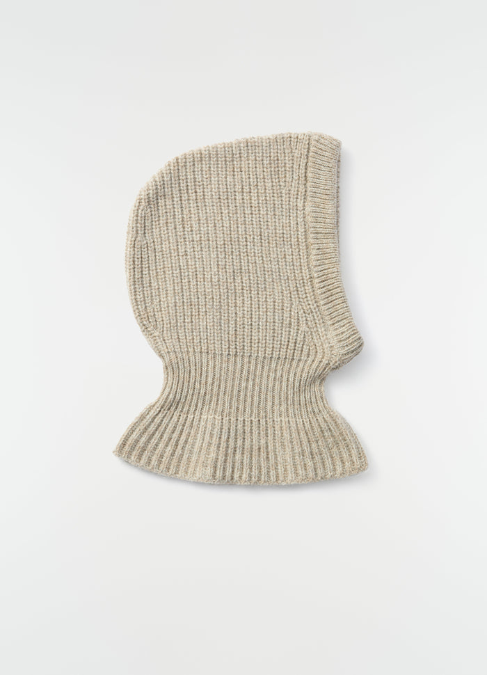 Balaclava in beige alpaca and yak wool blend knit with ribbed hem by LEMAIRE flat lay on white background