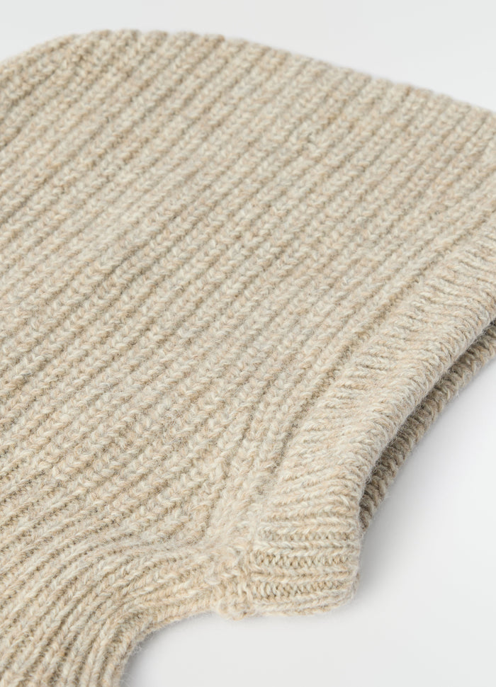 Balaclava in beige alpaca and yak wool blend by LEMAIRE close-up detail on white background