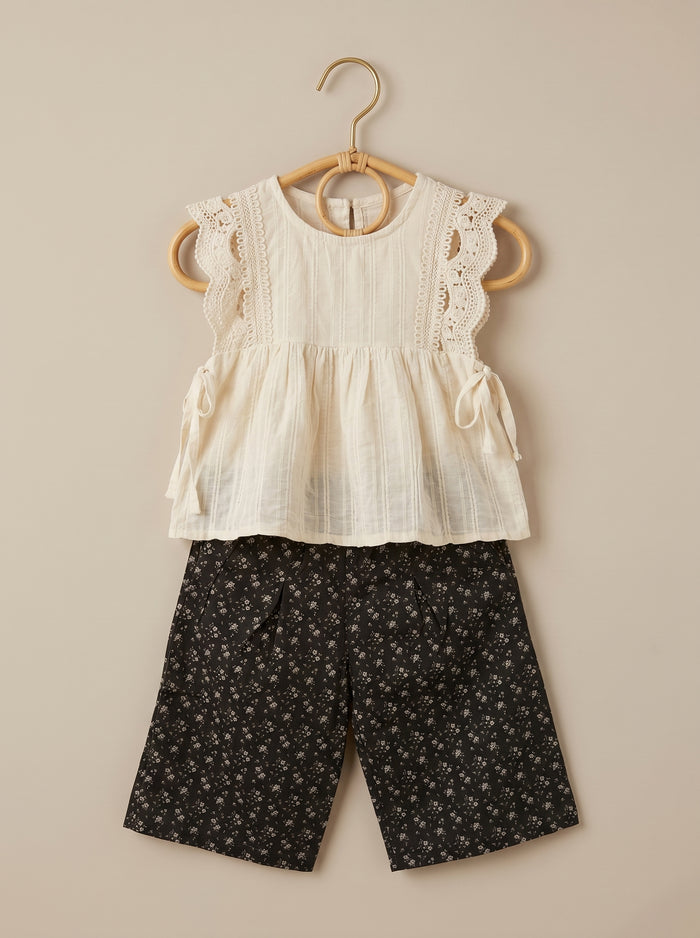 🤍 Ivory Lace Top & Black Floral Shorts Set