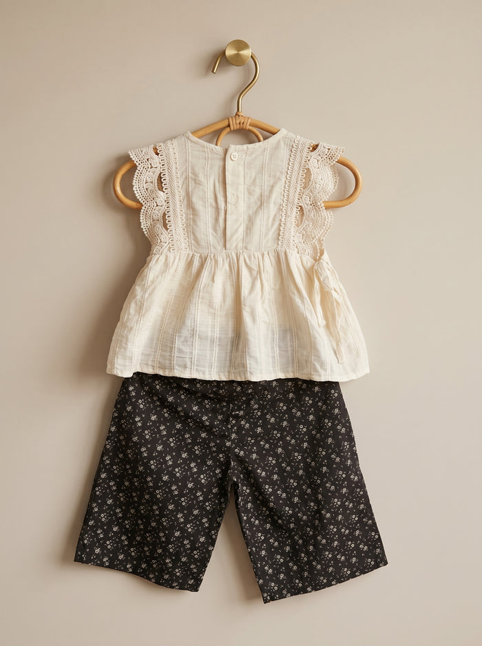 🤍 Ivory Lace Top & Black Floral Shorts Set