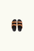 Pair of brown and black leather sandals on a white background