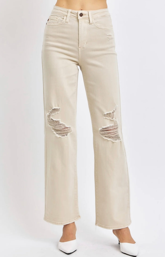 JUDY BLUE HIGH WAISTED GARMENT DYED DESTROY 90'S STRAIGHT IN BONE jeans