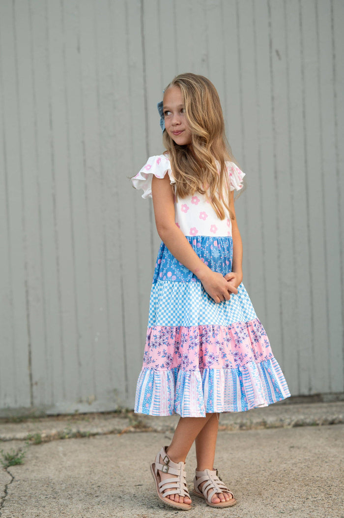 Kids Pink & Blue Floral Checkered Tiered Spring Dress