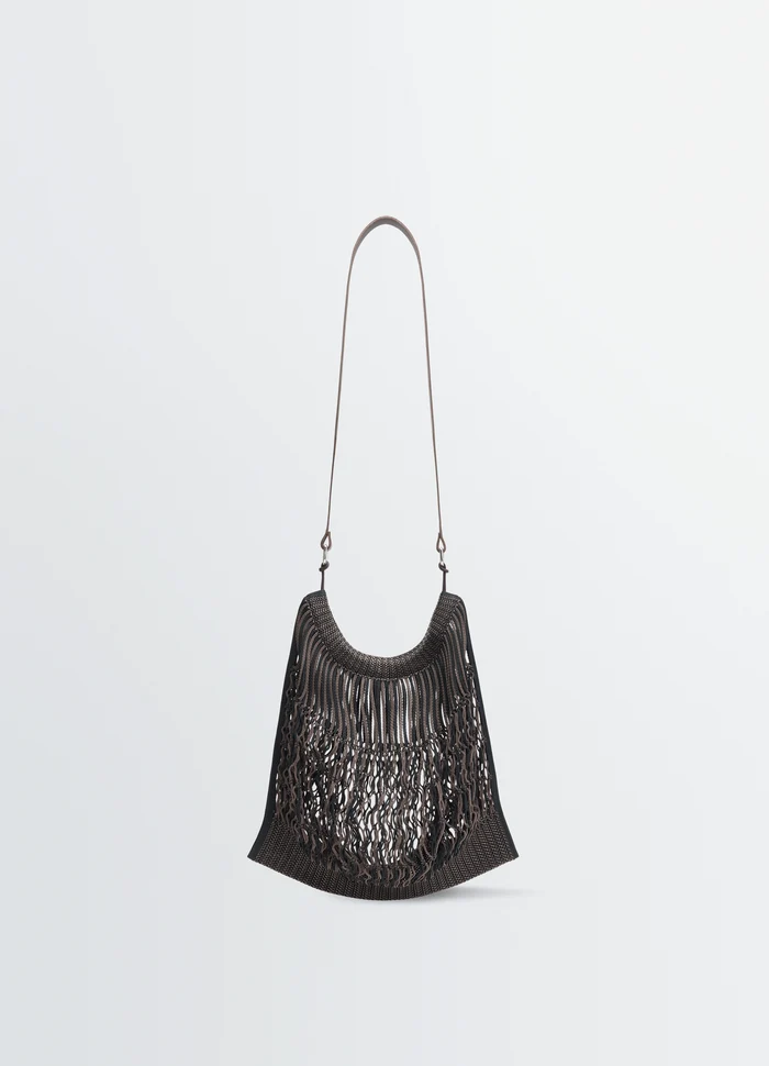 Lemaire Large Crossbody Filt Net in Black Nylon Mesh, Leather, product shot, Front view Net shopping bag