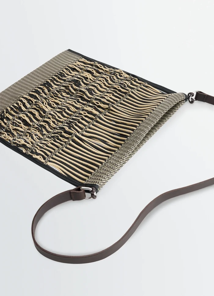 Lemaire Large Crossbody Filt Net Sh in Nylon Mesh and Vegetable-Tanned Lea, product shot, angled detail vie striped woven tas