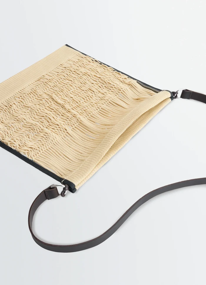 LARGE CROSSBODY FILT NET SHOPPING B in Nylon mesh and leather, product shot, top angle view partially open net design