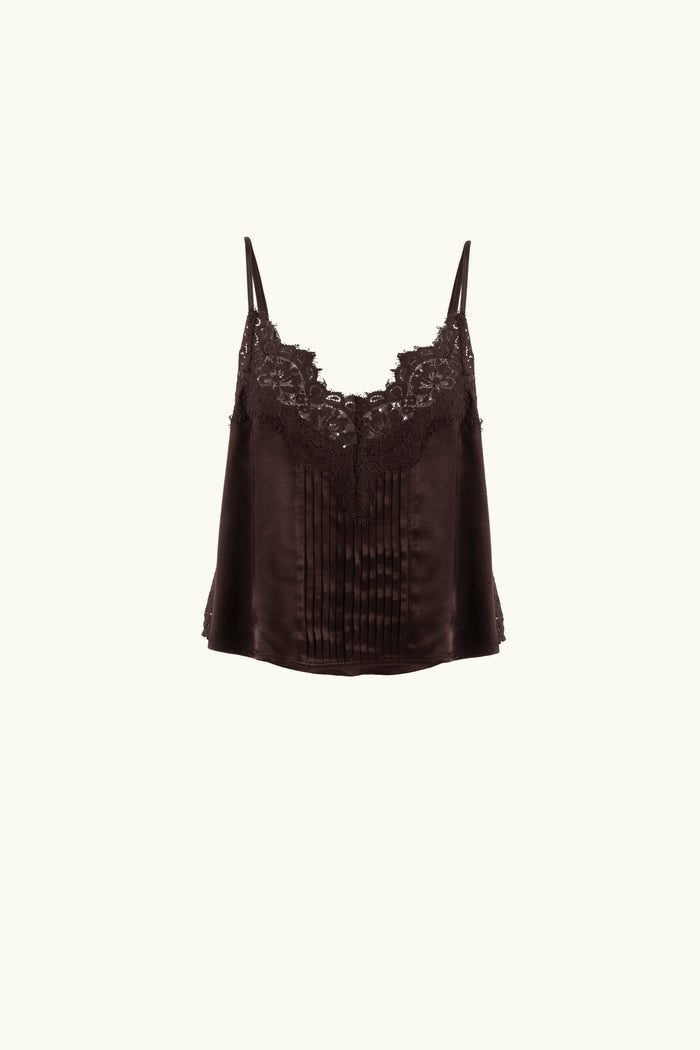 Brown lace-trimmed camisole on a white background