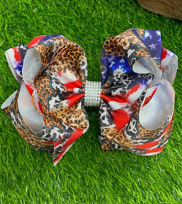 Leopard Flag Bling Bow
