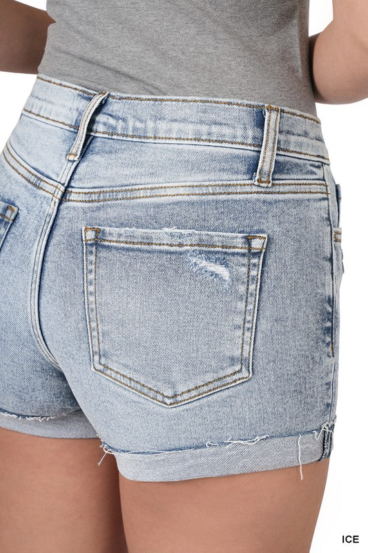 LIGHT WASHED CUFFED RAW HEM DENIM SHORTS