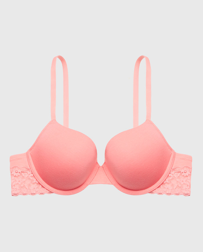 Lightly Lined Demi Cotton Bra with Lace Trim in Conch Shell
