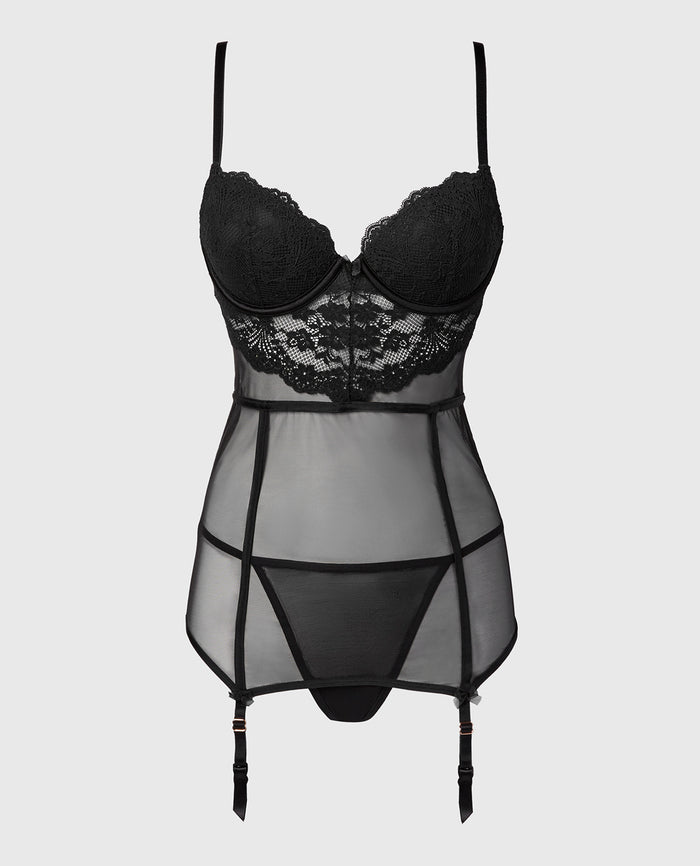 Lightly Lined Merrywidow in Timeless Lace with Mesh in Tuxedo Black