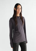 Long-sleeve charcoal silky jersey crepe scarf top by LEMAIRE worn by model front view