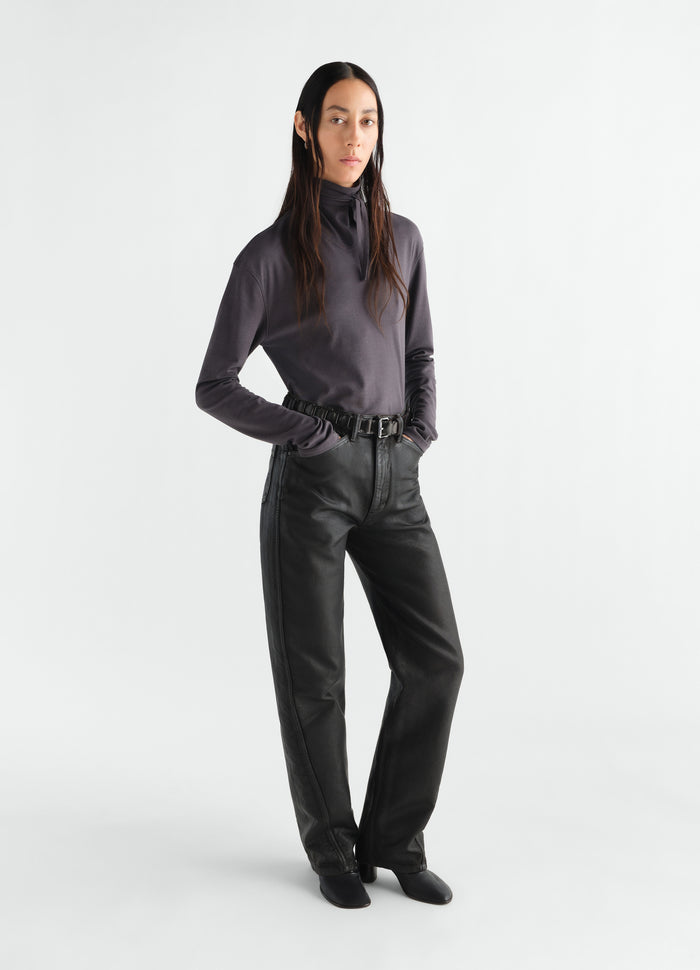 Long-sleeve dark grey silky jersey crepe top with scarf detail worn by a model LEMAIRE