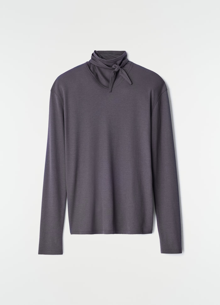 Long-sleeve scarf top LEMAIRE in dark grey silky jersey crepe front on plain white background, primary product shot