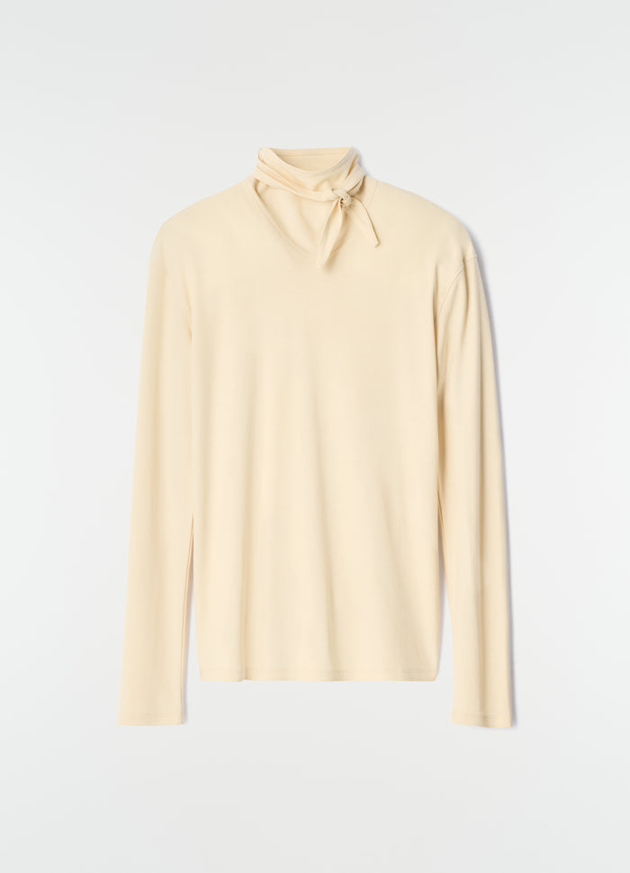 Long-sleeve scarf top in creamy silky jersey crepe with neck tie detail LEMAIRE plain white background, primary product shot