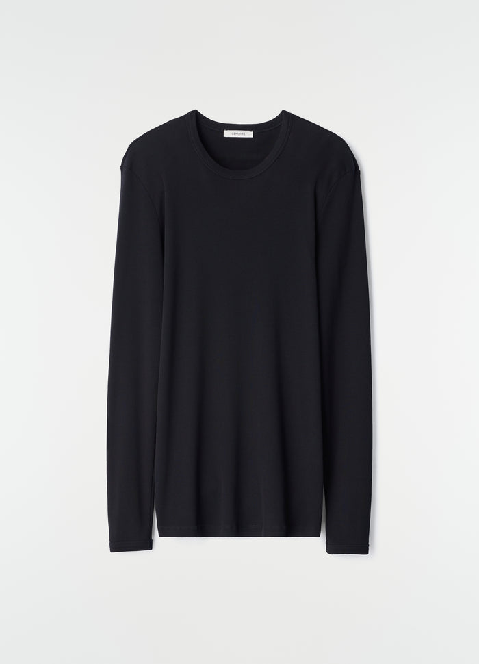 Long-sleeve black ribbed jersey top by LEMAIRE flat lay on white background front view, primary product shot