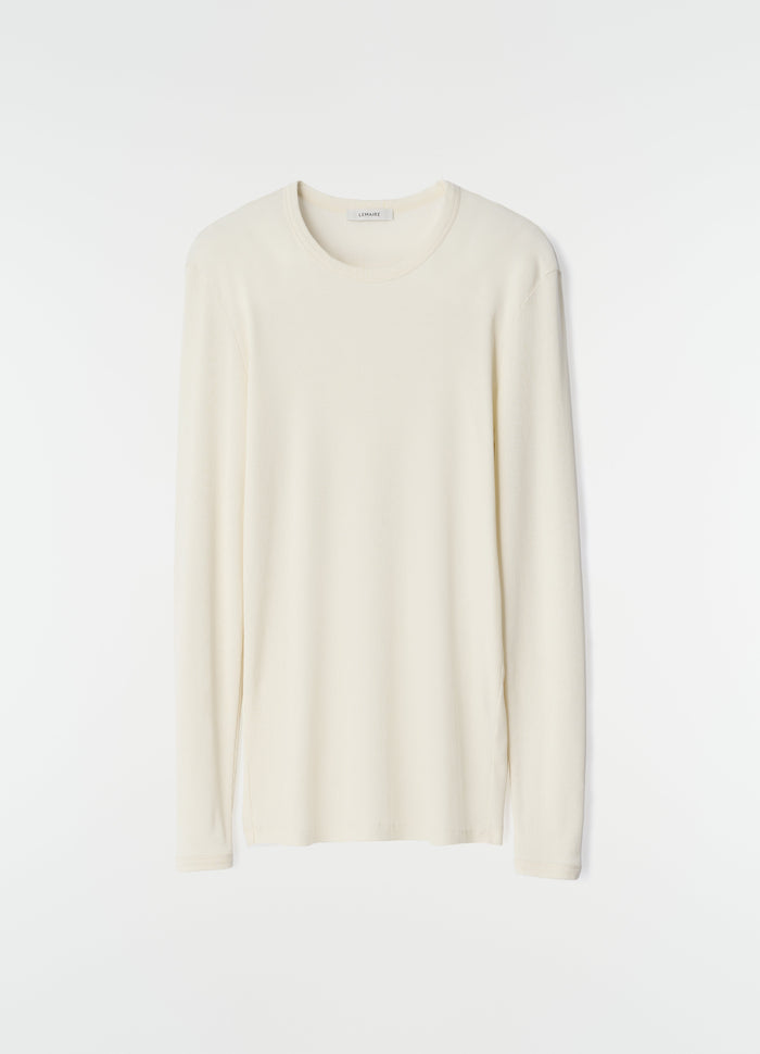 Long-sleeve cream ribbed jersey top LEMAIRE front view on plain white background, primary product shot