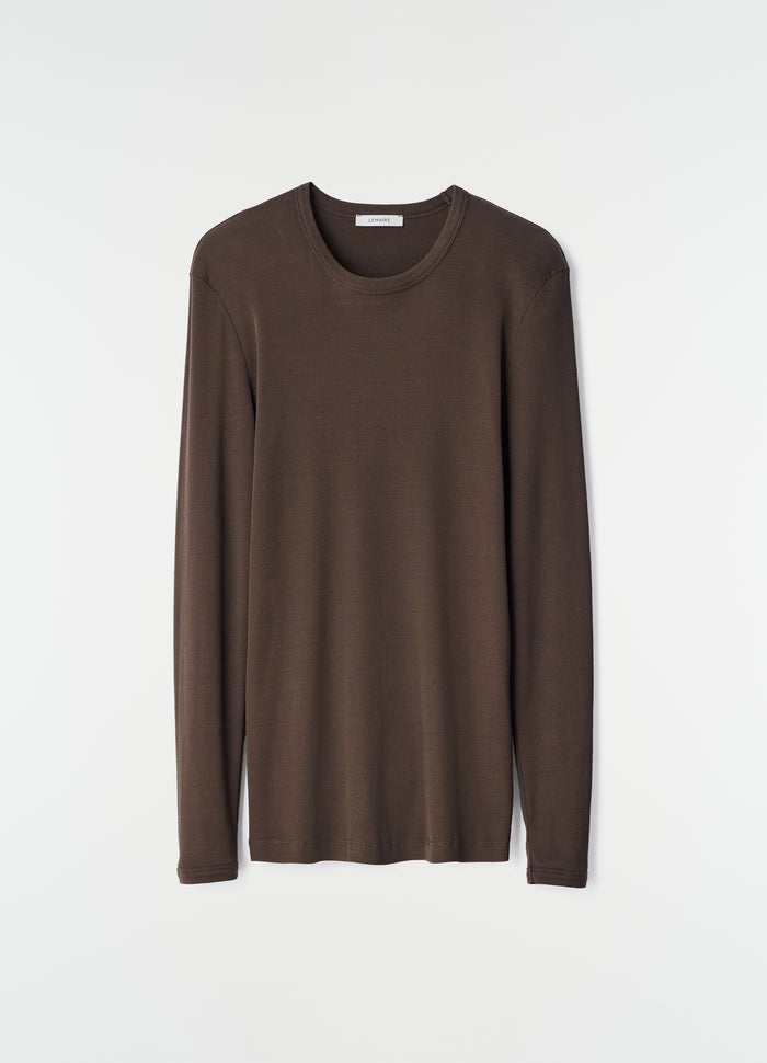 Long-sleeve brown ribbed jersey top by LEMAIRE flat lay on white background, primary product shot