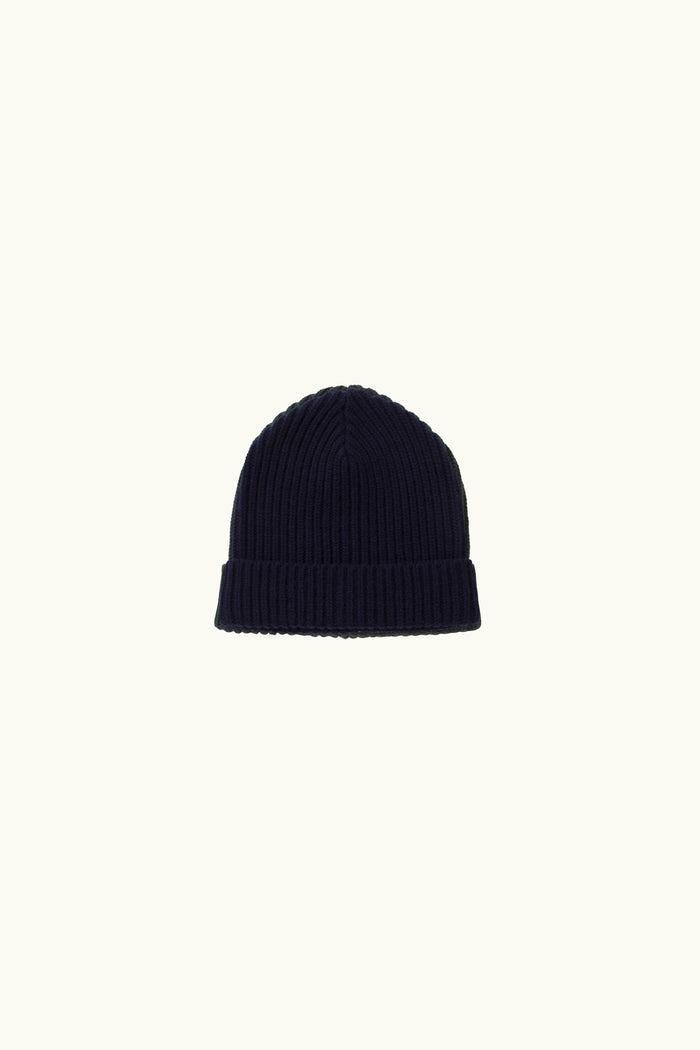 Indigo wool cashmere knit beanie on a white background