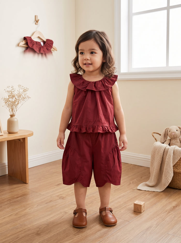 Maroon Ruffle Collar Top & Wide Leg Pants Set