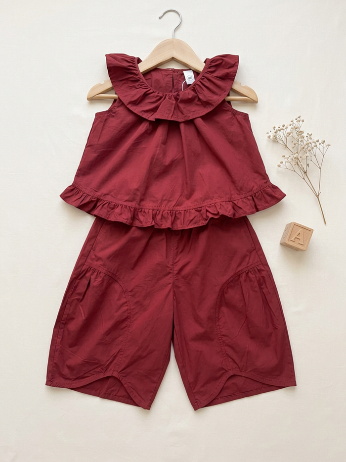 Maroon Ruffle Collar Top & Wide Leg Pants Set