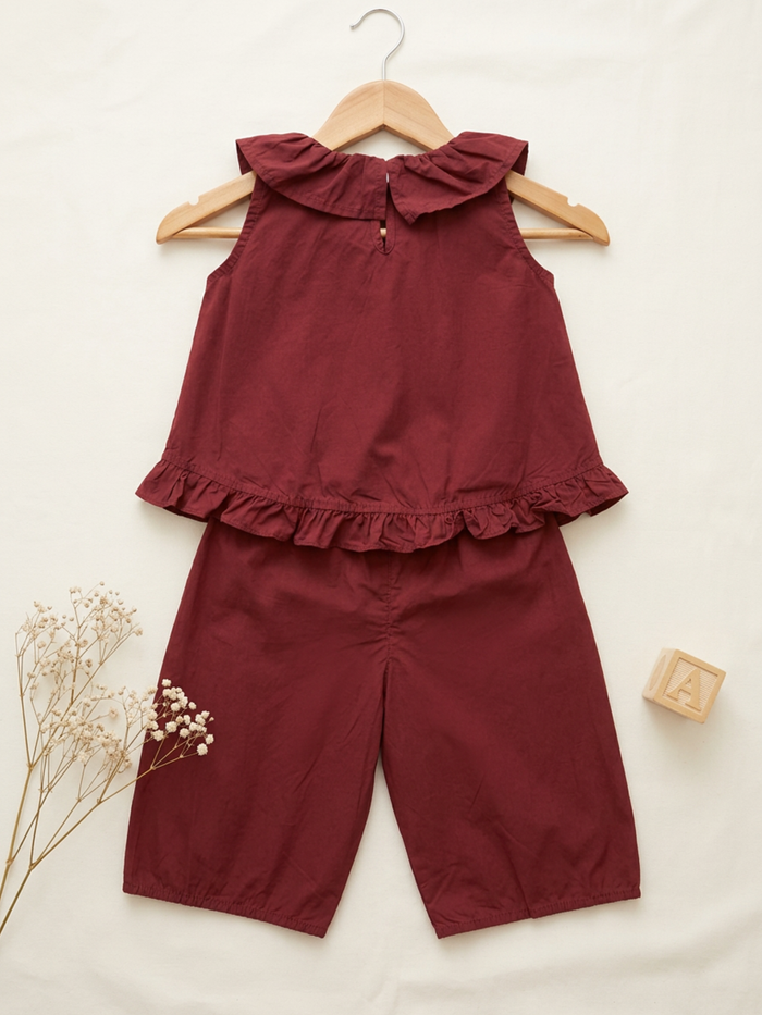 Maroon Ruffle Collar Top & Wide Leg Pants Set