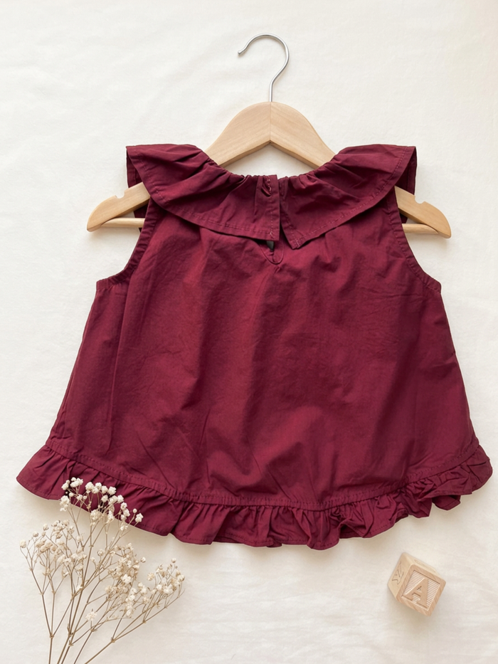 Maroon Ruffle Collar Top & Wide Leg Pants Set