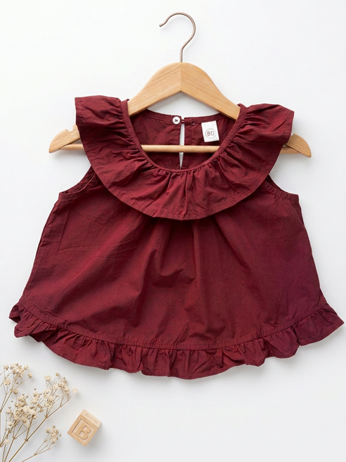 Maroon Ruffle Collar Top & Wide Leg Pants Set