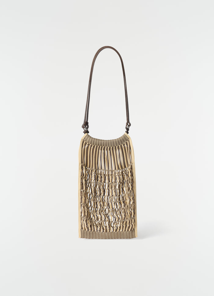Medium Filt Net Shopping Bag beige fabric and leather strap LEMAIRE front view on plain white background