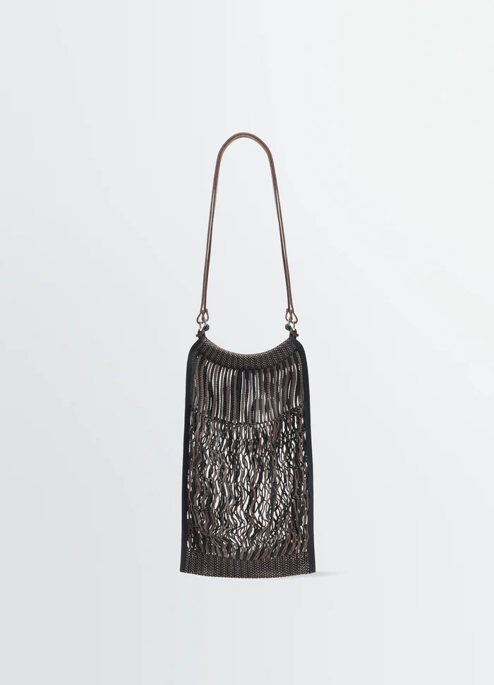 MEDIUM FILT NET SHOPPING BAG in nylon mesh and vegetable-tanned lea, product shot, front view medium size with leather strap