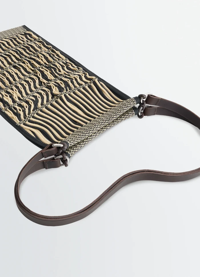 Lemaire Filt Net Shopping Bag in Nylon mesh with leather, product shot, top angled view detailed strap close-up
