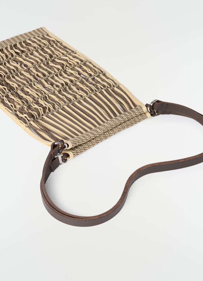 Medium Filt net shopping bag LEMAIRE beige woven cotton with brown leather strap styled flat on white background