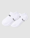 The Women's Essential Ankle Sock by Cozy Earth features a textured white design with subtle black text near the cuff, shown on a light gray background.|Color:White